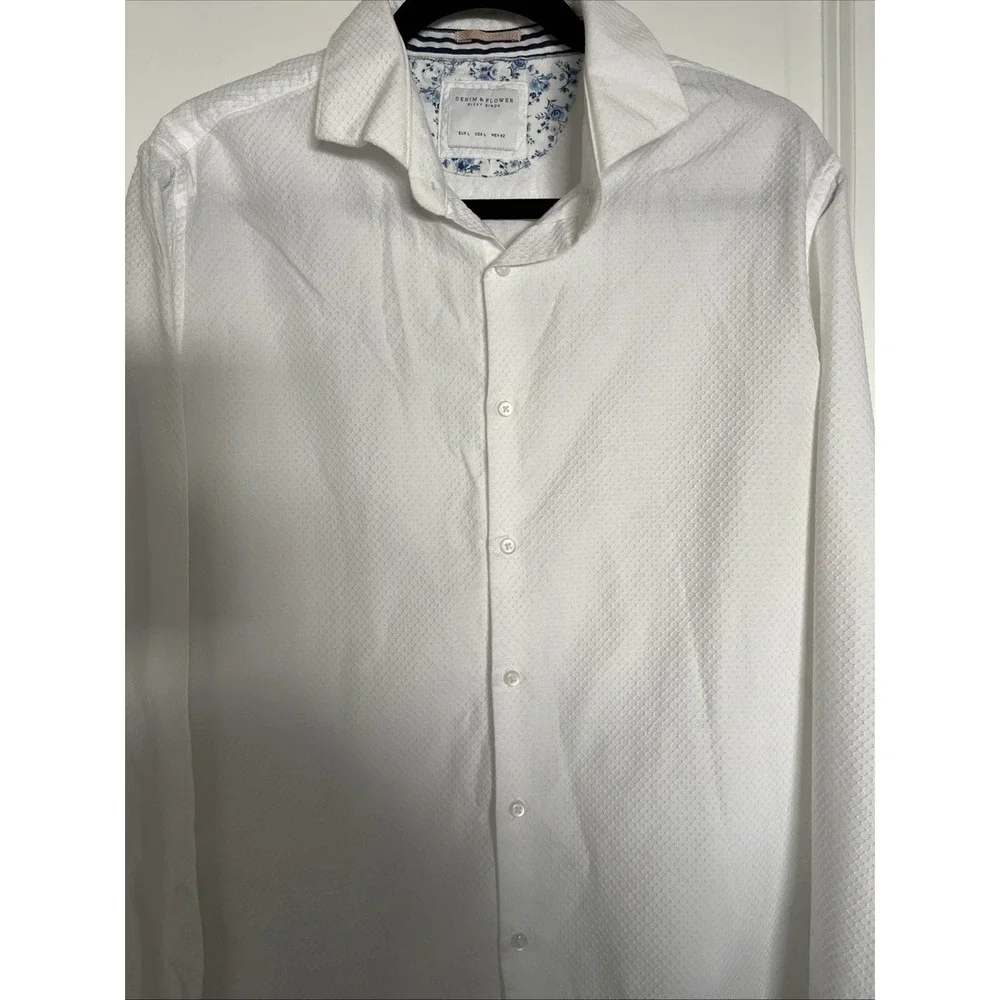 Denim And Flower Long Sleeve White Button Down Shirt Mens Medium L 42
